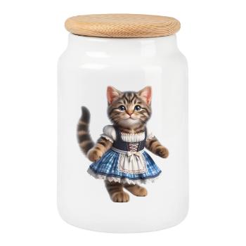 Cute little cat in dirndl - Cookie Jar with Wooden Lid - white - Front