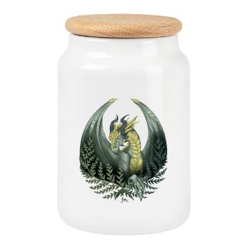 Green Dragon Surrounded by Fern - Cookie Jar with Wooden Lid - white - Front