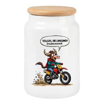 Motocross Stier - Keksdose mit Holzdeckel - Weiß - Vorne