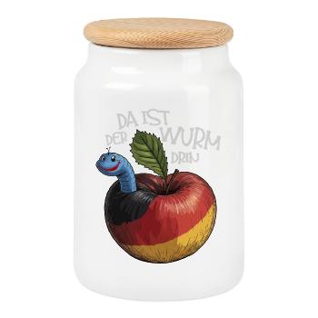 Wurm im Apfel mit Spruch - Keksdose mit Holzdeckel - Weiß - Vorne