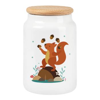 Juggling Squirrel – Funny Forest Scene - Cookie Jar with Wooden Lid - white - Front
