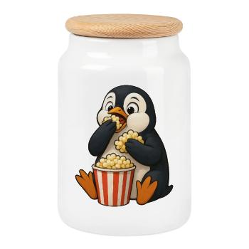 Pingouin mignon avec du pop-corn dans le film de cinéma amis - Boîte à biscuits avec couvercle en bois - blanc - Devant