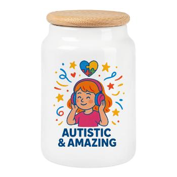 Autistic & Amazing Girls Kids Gift Quote - Cookie Jar with Wooden Lid - white - Front