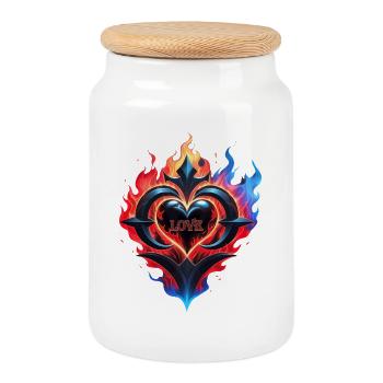 A flaming heart, the fire of love. - Cookie Jar with Wooden Lid - white - Front