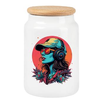 Futuristic DJane with headphones - Cookie Jar with Wooden Lid - white - Front