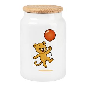 Cheerful lion with balloon soaring through the air - Cookie Jar with Wooden Lid - white - Front