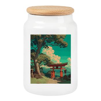 Serene Japanese Torii Gate Landscape - Cookie Jar with Wooden Lid - white - Front