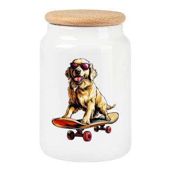 Skateboard Golden Retriever - Cookie Jar with Wooden Lid - white - Front