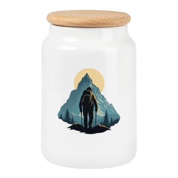 Mountain Hiker at Dusk - Cookie Jar with Wooden Lid - white - Front
