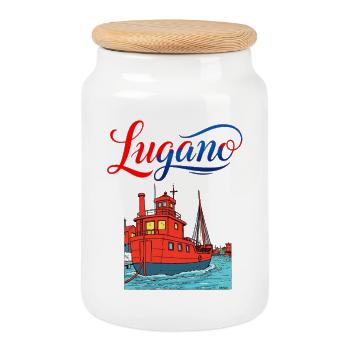 Lugano Hafenlandschaft Kunstdruck - Keksdose mit Holzdeckel - Weiß - Vorne