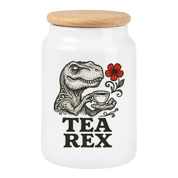 Dinosaur with Tea and Floral Accent - Cookie Jar with Wooden Lid - white - Front