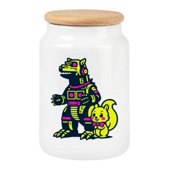 Mecha Dragon with Squirrel - Cookie Jar with Wooden Lid - white - Front