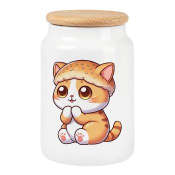 Cute cartoon cat with burger fast food - Cookie Jar with Wooden Lid - white - Front