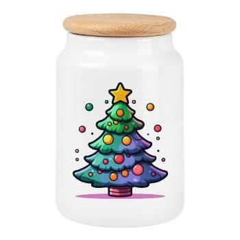 Arbre de Noël festif avec des ornements colorés - Boîte à biscuits avec couvercle en bois - blanc - Devant