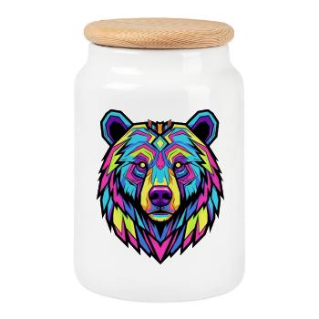 Néon Ours Tribal Illustration - Boîte à biscuits avec couvercle en bois - blanc - Devant