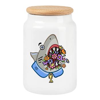 Shark with Floral Bouquet in his Jaws - Cookie Jar with Wooden Lid - white - Front