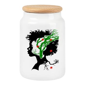 Abstract tree with flowers - Cookie Jar with Wooden Lid - white - Front