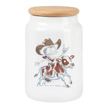 Skelett-Cowboy reitet Kalb - Keksdose mit Holzdeckel - Weiß - Vorne