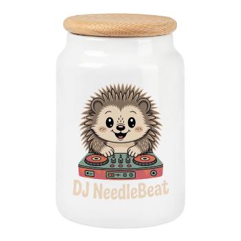 DJ NeedleBeat Hedgehog DJ Turntable Rave - Cookie Jar with Wooden Lid - white - Front