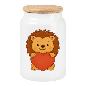 Lion avec cœur - Boîte à biscuits avec couvercle en bois - blanc - Devant
