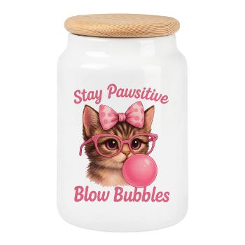 Cute Cat - Stay Pawsitive Blow Bubbles - Cookie Jar with Wooden Lid - white - Front