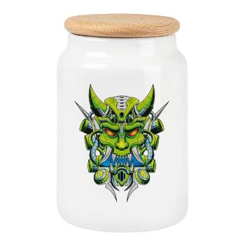 Japanese Oni Demon - Cookie Jar with Wooden Lid - white - Front