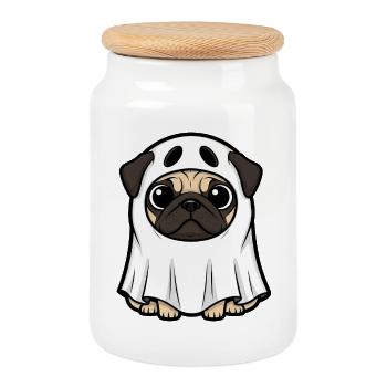 Drôle Halloween chien carlin fantôme dessin animé - Boîte à biscuits avec couvercle en bois - blanc - Devant