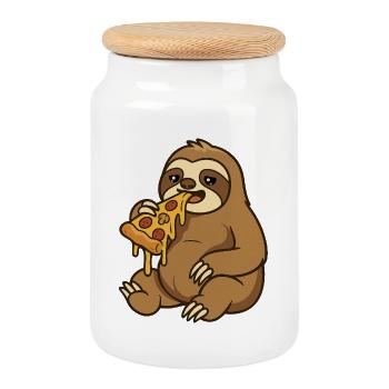 Sloth Eats Sloppy Pizza – Funny Cartoon Mot - Cookie Jar with Wooden Lid - white - Front