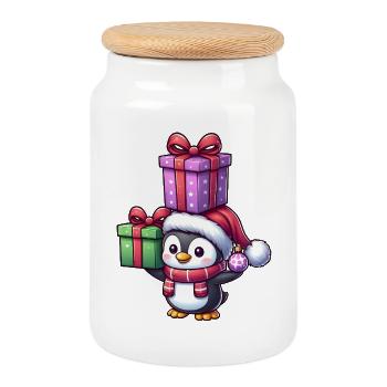 Funny Penguin with Christmas Gifts - Cookie Jar with Wooden Lid - white - Front