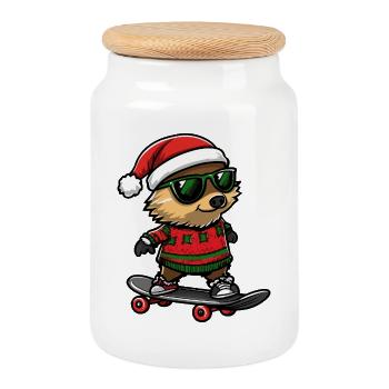 Hérisson Noël Drôle - Boîte à biscuits avec couvercle en bois - blanc - Devant