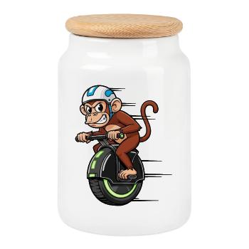 Lustiger Schimpanse Einrad Raser Stuntman Motorrad - Keksdose mit Holzdeckel - Weiß - Vorne