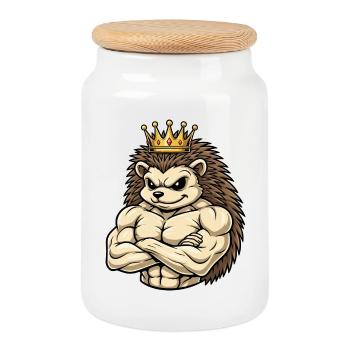 Hérisson fort Roi Dessin animé Fitness Portrait - Boîte à biscuits avec couvercle en bois - blanc - Devant
