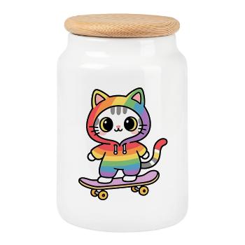 Regenbogenkatze auf Skateboard - Keksdose mit Holzdeckel - Weiß - Vorne