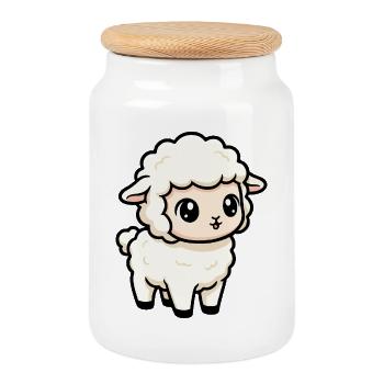 Cute kawaii Lamb Cartoon - Cookie Jar with Wooden Lid - white - Front