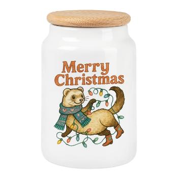 Merry Ferret with Christmas Lights - Cookie Jar with Wooden Lid - white - Front