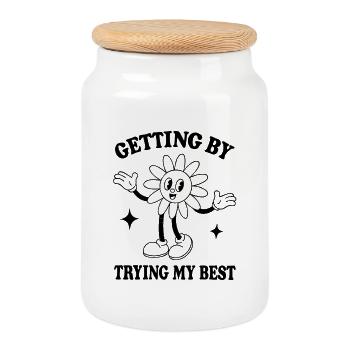 Getting By Trying My Best – Minimalist Quote - Cookie Jar with Wooden Lid - white - Front