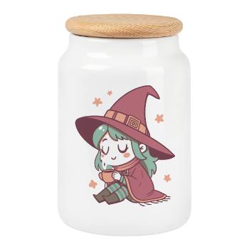 Hexe Cozy mit Pastelltee - Keksdose mit Holzdeckel - Weiß - Vorne