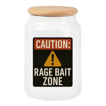 Achtung Rage Bait Zone Schild, lustiger Spruch - Keksdose mit Holzdeckel - Weiß - Vorne