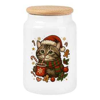 Chat à Noël - Boîte à biscuits avec couvercle en bois - blanc - Devant