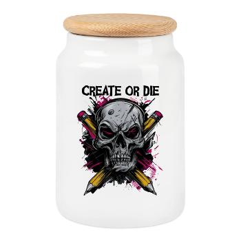 Create or Die – Künstlerdesign mit Schädel - Keksdose mit Holzdeckel - Weiß - Vorne