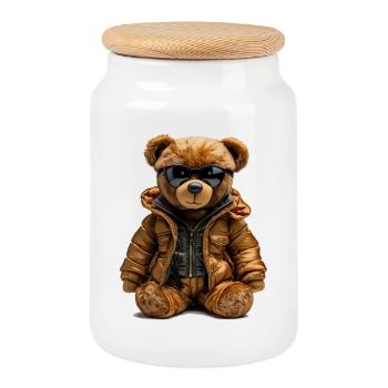 Cooler Bär im Parka - Keksdose mit Holzdeckel - Weiß - Vorne