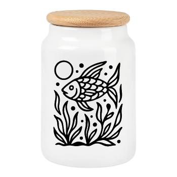 Minimal Line Art Fisch Ozean Natur Design - Keksdose mit Holzdeckel - Weiß - Vorne