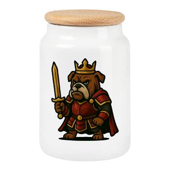 Bulldog Warrior King with Sword Fantasy Graphic - Cookie Jar with Wooden Lid - white - Front
