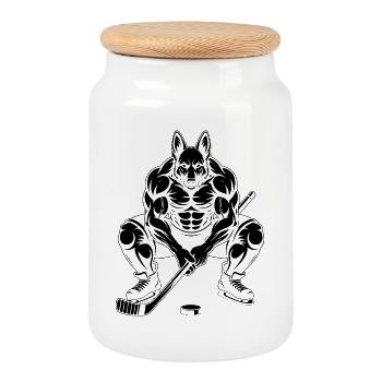 Muskulöser Schäferhund Eishockeyspieler Silhouette - Keksdose mit Holzdeckel - Weiß - Vorne