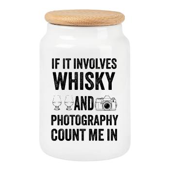 Whisky & Fotografie – lustiges Hobbydesign - Keksdose mit Holzdeckel - Weiß - Vorne
