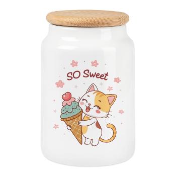 Gourmet cat with So Sweet cone - Cookie Jar with Wooden Lid - white - Front