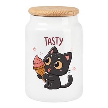 Chat gourmand et cornet glacé - Cookie Jar with Wooden Lid - white - Front