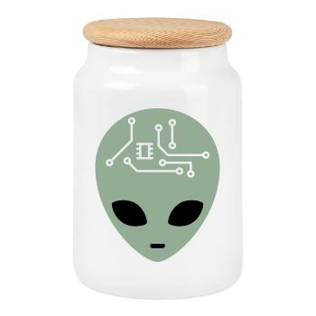 Alien Head with Circuits (three colours) - Cookie Jar with Wooden Lid - white - Front