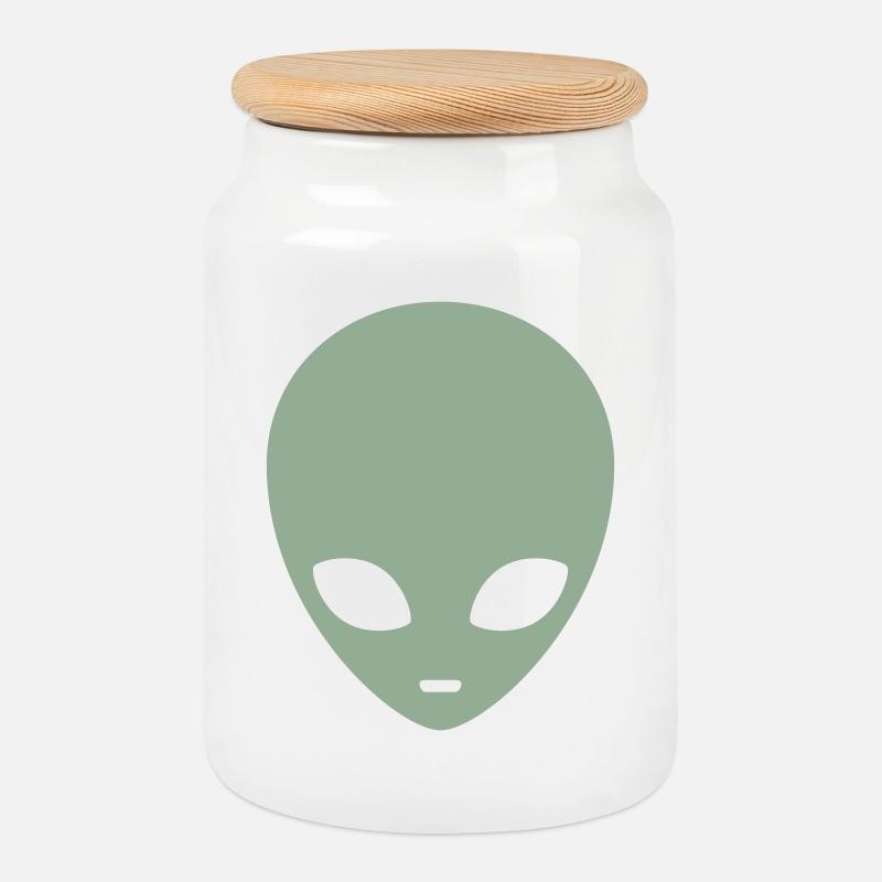 Muted Mint Alien Head - Cookie Jar with Wooden Lid - white