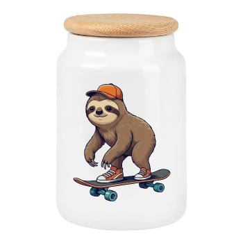 Funny Sloth Skating on Skateboard Cartoon Skater - Cookie Jar with Wooden Lid - white - Front